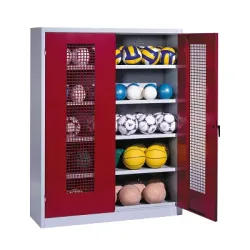 C+P Ballschrank mit Lochblech-Flügeltüren (Typ 3), HxBxT 195x150x50 cm, Ergo-Lock Muldengriff, Rubinrot (RAL 3003), Lichtgrau (RAL 7035), Gleichschliessung