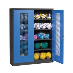C+P Ballschrank mit Lochblech-Flügeltüren (Typ 3), HxBxT 195x150x50 cm, Enzianblau (RAL 5010), Ergo-Lock Muldengriff, Anthrazit (RAL 7021), Gleichschliessung