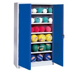 C+P Ballschrank mit Vollblech-Flügeltüren (Typ 3), HxBxT: 195x120x50 cm, Ergo-Lock Muldengriff, Enzianblau (RAL 5010), Lichtgrau (RAL 7035), Gleichschliessung
