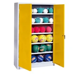 C+P Ballschrank mit Vollblech-Flügeltüren (Typ 3), HxBxT: 195x120x50 cm, Ergo-Lock Muldengriff, Verkehrsgelb (RAL 1023), Lichtgrau (RAL 7035), Gleichschliessung