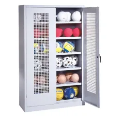C+P Ballschrank mit Lochblech-Flügeltüren (Typ 3), HxBxT 195x120x50 cm, Lichtgrau (RAL 7035), Ergo-Lock Muldengriff, Lichtgrau (RAL 7035), Gleichschliessung