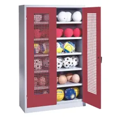 C+P Ballschrank mit Lochblech-Flügeltüren (Typ 3), HxBxT 195x120x50 cm, Ergo-Lock Muldengriff, Rubinrot (RAL 3003), Lichtgrau (RAL 7035), Gleichschliessung