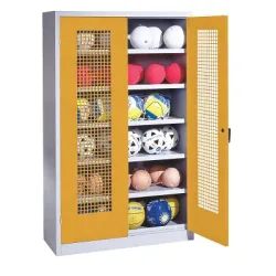C+P Ballschrank mit Lochblech-Flügeltüren (Typ 3), HxBxT 195x120x50 cm, Ergo-Lock Muldengriff, Goldgelb (RAL 1004), Lichtgrau (RAL 7035), Gleichschliessung