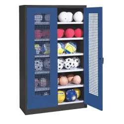C+P Ballschrank mit Lochblech-Flügeltüren (Typ 3), HxBxT 195x120x50 cm, Enzianblau (RAL 5010), Ergo-Lock Muldengriff, Anthrazit (RAL 7021), Gleichschliessung