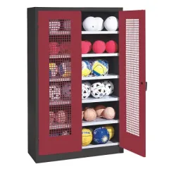 C+P Ballschrank mit Lochblech-Flügeltüren (Typ 3), HxBxT 195x120x50 cm, Ergo-Lock Muldengriff, Rubinrot (RAL 3003), Anthrazit (RAL 7021), Gleichschliessung