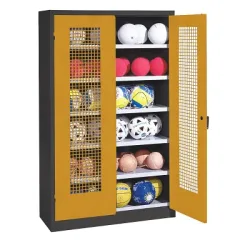 C+P Ballschrank mit Lochblech-Flügeltüren (Typ 3), HxBxT 195x120x50 cm, Ergo-Lock Muldengriff, Goldgelb (RAL 1004), Anthrazit (RAL 7021), Gleichschliessung