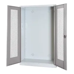 C+P Modul-Sportgeräteschrank mit Lochblech-Flügeltüren, HxBxT 195x120x50 cm, Lichtgrau (RAL 7035), Ergo-Lock Muldengriff, Lichtgrau (RAL 7035), Gleichschliessung