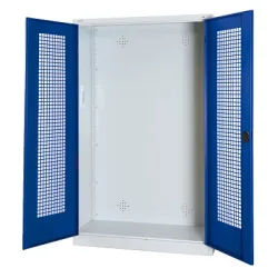 C+P Modul-Sportgeräteschrank mit Lochblech-Flügeltüren, HxBxT 195x120x50 cm, Ergo-Lock Muldengriff, Enzianblau (RAL 5010), Lichtgrau (RAL 7035), Gleichschliessung