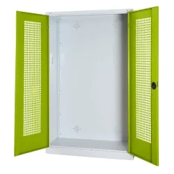 C+P Modul-Sportgeräteschrank mit Lochblech-Flügeltüren, HxBxT 195x120x50 cm, Ergo-Lock Muldengriff, Clowngrün (RAL 110 80 60), Lichtgrau (RAL 7035), Gleichschliessung