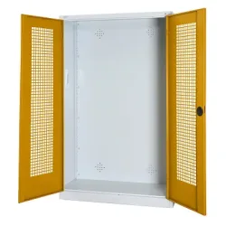 C+P Modul-Sportgeräteschrank mit Lochblech-Flügeltüren, HxBxT 195x120x50 cm, Ergo-Lock Muldengriff, Goldgelb (RAL 1004), Lichtgrau (RAL 7035), Gleichschliessung