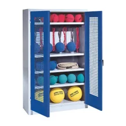 C+P Sportgeräteschrank mit Lochblech-Flügeltüren (Typ 2), HxBxT 195x120x50 cm, Ergo-Lock Muldengriff, Enzianblau (RAL 5010), Lichtgrau (RAL 7035), Gleichschliessung