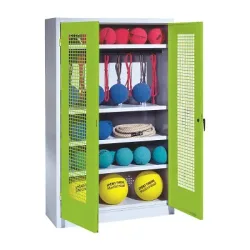 C+P Sportgeräteschrank mit Lochblech-Flügeltüren (Typ 2), HxBxT 195x120x50 cm, Ergo-Lock Muldengriff, Clowngrün (RAL 110 80 60), Lichtgrau (RAL 7035), Gleichschliessung