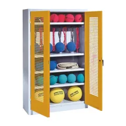 C+P Sportgeräteschrank mit Lochblech-Flügeltüren (Typ 2), HxBxT 195x120x50 cm, Ergo-Lock Muldengriff, Goldgelb (RAL 1004), Lichtgrau (RAL 7035), Gleichschliessung