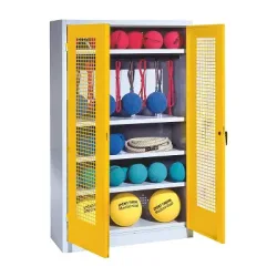 C+P Sportgeräteschrank mit Lochblech-Flügeltüren (Typ 2), HxBxT 195x120x50 cm, Ergo-Lock Muldengriff, Verkehrsgelb (RAL 1023), Lichtgrau (RAL 7035), Einzelschliessung