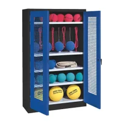 C+P Sportgeräteschrank mit Lochblech-Flügeltüren (Typ 2), HxBxT 195x120x50 cm, Enzianblau (RAL 5010), Ergo-Lock Muldengriff, Anthrazit (RAL 7021), Gleichschliessung