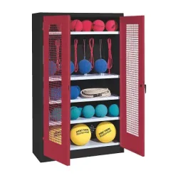 C+P Sportgeräteschrank mit Lochblech-Flügeltüren (Typ 2), HxBxT 195x120x50 cm, Ergo-Lock Muldengriff, Rubinrot (RAL 3003), Anthrazit (RAL 7021), Gleichschliessung