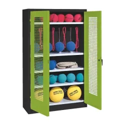 C+P Sportgeräteschrank mit Lochblech-Flügeltüren (Typ 2), HxBxT 195x120x50 cm, Ergo-Lock Muldengriff, Clowngrün (RAL 110 80 60), Anthrazit (RAL 7021), Gleichschliessung