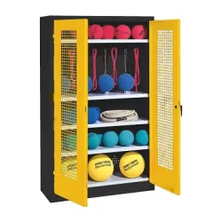 C+P Sportgeräteschrank mit Lochblech-Flügeltüren (Typ 2), HxBxT 195x120x50 cm, Ergo-Lock Muldengriff, Verkehrsgelb (RAL 1023), Anthrazit (RAL 7021), Gleichschliessung