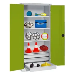 C+P Sportgeräteschrank mit Schubladen und Vollblech-Flügeltüren (Typ 4), HxBxT 195x120x50 cm, Ergo-Lock Muldengriff, Clowngrün (RAL 110 80 60), Lichtgrau (RAL 7035), Gleichschliessung