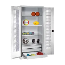 C+P Sportgeräteschrank mit Schubladen und Lochblech-Flügeltüren (Typ 4),  HxBxT 195x120x50 cm, Lichtgrau (RAL 7035), Ergo-Lock Muldengriff, Lichtgrau (RAL 7035), Gleichschliessung