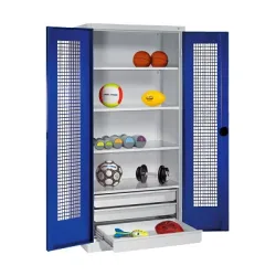 C+P Sportgeräteschrank mit Schubladen und Lochblech-Flügeltüren (Typ 4),  HxBxT 195x120x50 cm, Ergo-Lock Muldengriff, Enzianblau (RAL 5010), Lichtgrau (RAL 7035), Gleichschliessung