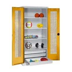 C+P Sportgeräteschrank mit Schubladen und Lochblech-Flügeltüren (Typ 4),  HxBxT 195x120x50 cm, Ergo-Lock Muldengriff, Goldgelb (RAL 1004), Lichtgrau (RAL 7035), Gleichschliessung