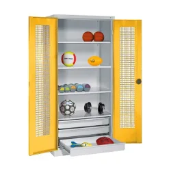 C+P Sportgeräteschrank mit Schubladen und Lochblech-Flügeltüren (Typ 4),  HxBxT 195x120x50 cm, Ergo-Lock Muldengriff, Verkehrsgelb (RAL 1023), Lichtgrau (RAL 7035), Gleichschliessung