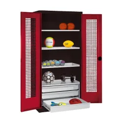 C+P Sportgeräteschrank mit Schubladen und Lochblech-Flügeltüren (Typ 4),  HxBxT 195x120x50 cm, Ergo-Lock Muldengriff, Rubinrot (RAL 3003), Anthrazit (RAL 7021), Gleichschliessung