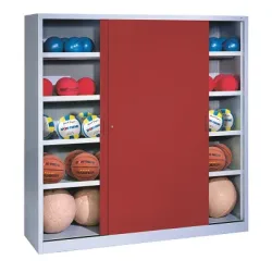 C+P Ballschrank mit Vollblech-Schiebetüren (Typ 4), HxBxT 195x160x50 cm, Rubinrot (RAL 3003), Lichtgrau (RAL 7035), Gleichschliessung