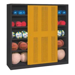 C+P Ballschrank mit Lochblech-Schiebetüren (Typ 4), HxBxT 195x160x50 cm, Goldgelb (RAL 1004), Anthrazit (RAL 7021), Gleichschliessung