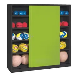 C+P Ballschrank mit Vollblech-Schiebetüren (Typ 4), HxBxT 195x190x60 cm, Clowngrün (RAL 110 80 60), Anthrazit (RAL 7021), Gleichschliessung