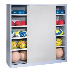 C+P Ballschrank mit Vollblech-Schiebetüren (Typ 4), HxBxT 195x120x50 cm, Lichtgrau (RAL 7035), Lichtgrau (RAL 7035), Gleichschliessung