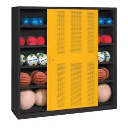 C+P Ballschrank mit Lochblech-Schiebetüren (Typ 4), HxBxT 195x120x50 cm, Verkehrsgelb (RAL 1023), Anthrazit (RAL 7021), Gleichschliessung