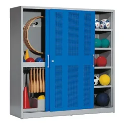 C+P Sportgeräteschrank mit Lochblech-Schiebetüren (Typ 5), HxBxT 195x190x60 cm, Enzianblau (RAL 5010), Lichtgrau (RAL 7035), Gleichschliessung