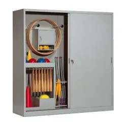 C+P Sportgeräteschrank mit Vollblech-Schiebetüren (Typ 5), HxBxT 195x190x60 cm, Lichtgrau (RAL 7035), Lichtgrau (RAL 7035), Gleichschliessung