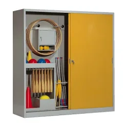 C+P Sportgeräteschrank mit Vollblech-Schiebetüren (Typ 5), HxBxT 195x190x60 cm, Goldgelb (RAL 1004), Lichtgrau (RAL 7035), Gleichschliessung