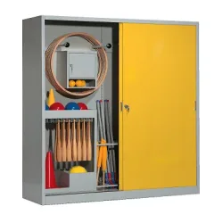 C+P Sportgeräteschrank mit Vollblech-Schiebetüren (Typ 5), HxBxT 195x190x60 cm, Verkehrsgelb (RAL 1023), Lichtgrau (RAL 7035), Gleichschliessung