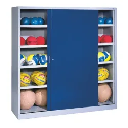C+P Ballschrank mit Vollblech-Schiebetüren (Typ 4), HxBxT: 195x120x60 cm, Enzianblau (RAL 5010), Lichtgrau (RAL 7035), Gleichschliessung