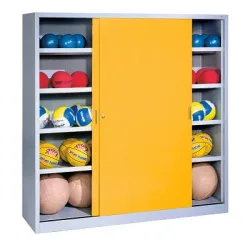 C+P Ballschrank mit Vollblech-Schiebetüren (Typ 4), HxBxT: 195x120x60 cm, Verkehrsgelb (RAL 1023), Lichtgrau (RAL 7035), Gleichschliessung