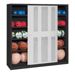 C+P Ballschrank mit Lochblech-Schiebetüren (Typ 4), HxBxT: 195x120x60 cm, Lichtgrau (RAL 7035), Anthrazit (RAL 7021), Gleichschliessung