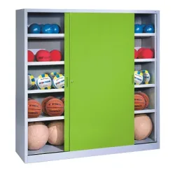 C+P Ballschrank mit Vollblech-Schiebetüren (Typ 4), HxBxT: 195x160x40 cm, Clowngrün (RAL 110 80 60), Lichtgrau (RAL 7035), Einzelschliessung
