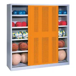 C+P Ballschrank mit Lochblech-Schiebetüren (Typ 4), HxBxT: 195x120x40 cm, Verkehrsgelb (RAL 1023), Lichtgrau (RAL 7035), Gleichschliessung