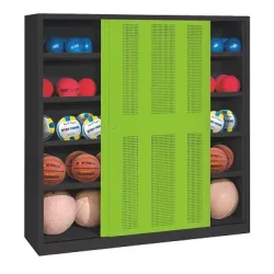 C+P Ballschrank mit Lochblech-Schiebetüren (Typ 4), HxBxT: 195x160x40 cm, Clowngrün (RAL 110 80 60), Anthrazit (RAL 7021), Gleichschliessung