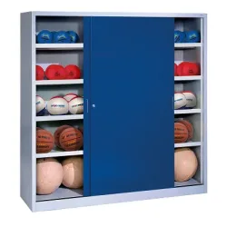 C+P Ballschrank mit Vollblech-Schiebetüren (Typ 4), HxBxT: 195x120x60 cm, Enzianblau (RAL 5010), Lichtgrau (RAL 7035), Einzelschliessung