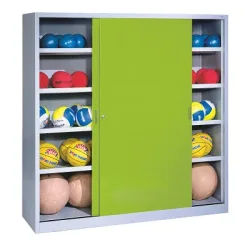 C+P Ballschrank mit Vollblech-Schiebetüren (Typ 4), HxBxT: 195x120x40 cm, Clowngrün (RAL 110 80 60), Lichtgrau (RAL 7035), Gleichschliessung