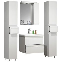 VCM - 5-tlg. Waschplatz Waschtisch 60 cm Badmöbel Set Waschbecken grifflose Schublade Spiegelschrank Hochschrank Silora L, 120cm, Weiss
