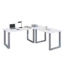 Eckschreibtisch, Winkel 90°, Bügelfuss, B 1900 x T 800/1900 x H 760 mm, weiss/silber