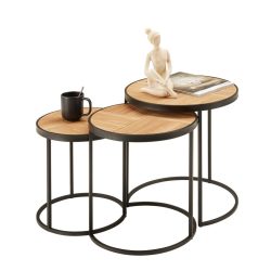 Beistelltischset In Naturfarben/schwarz Metall, Naturmaterialien, Holzwerkstoff 