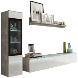Wohnwand Vera | Betonoptik/weiss Hg. Grau, Weiss Hochglanz 210/130/33 cm 
