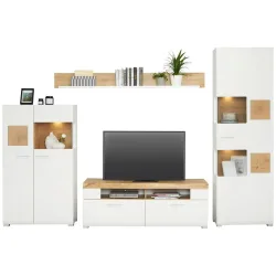 Wohnwand Fun Plus Weiss/eiche Inkl. Beleuchtung Weiss, Eichefarben 325/205/47 cm 